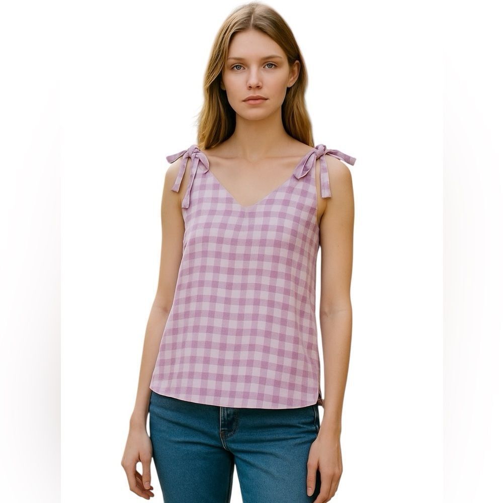 Heatherly Gingham Tank Top Womens MP Lilac White Tie Shoulder Soft Stretch